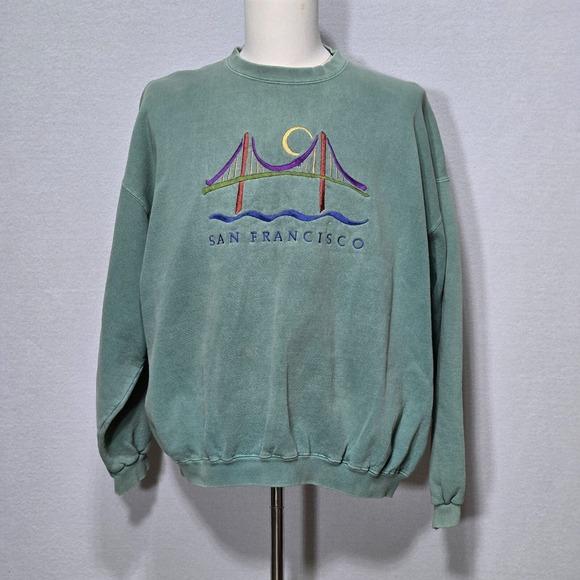 90s Vintage Crazy Shirt San Francisco Sweater Unisex Large Green‎ Retro Graphic - Picture 3 of 13